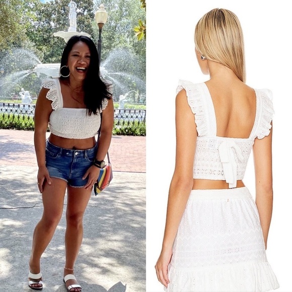 MISA LOS ANGELES Eyelet Flutter Strap‎ Tie Back Square Neck Smocked Crop Top S - Picture 5 of 16